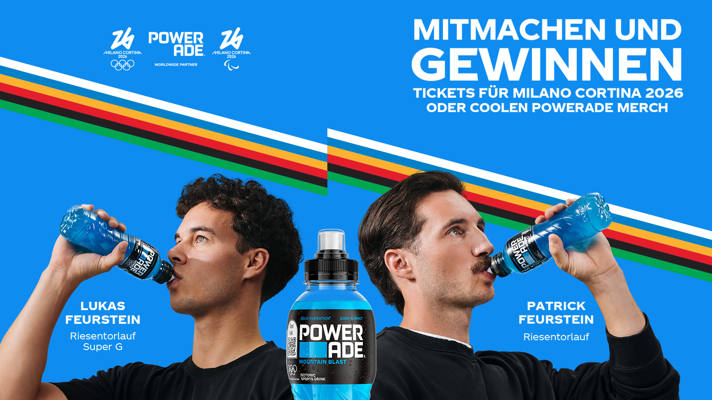 Banner von Patrick Feuerstein und Lukas Feurstein mit je eine Powerade Mountain Blast Flasche mit dem Text "Mitmachen und gewinnen - Tickets für Milano Cortina 2026 oder coolen Powerade merch"