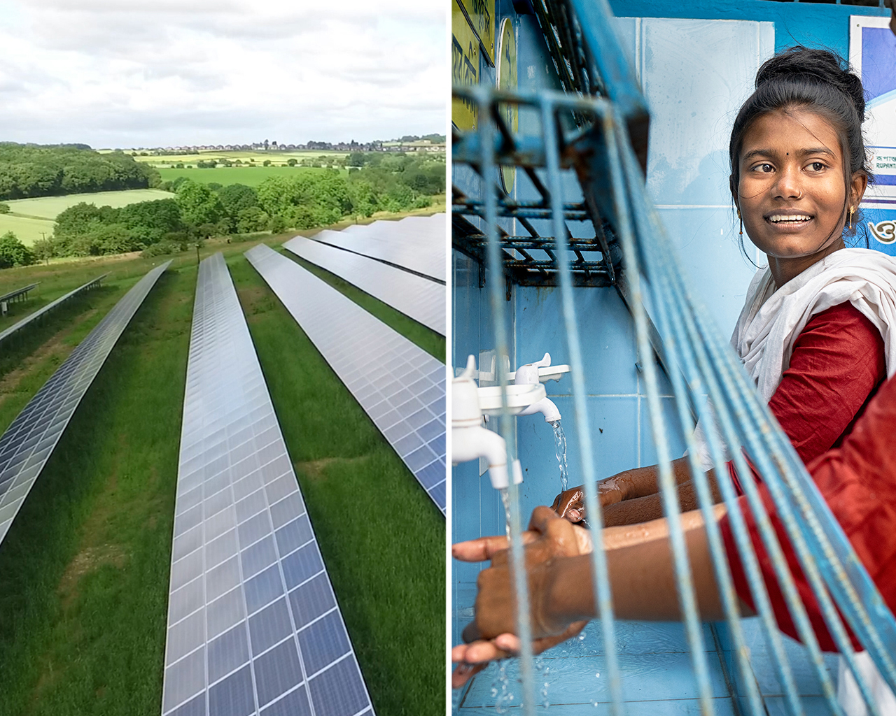 Group of two images grouped side by side including a top view of a group of solar electric panels in an open field and two women washing their hands under a faucet
