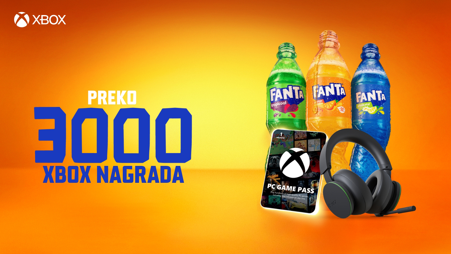 Fanta 500ml (PET) s tekstom koji promovira Xbox nagrade koje se dodjeljuju; narančasta i žuta pozadina s podebljanim slovima.