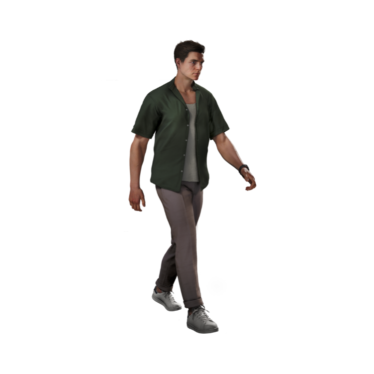 Tu vois une personne en train de marcher d’un pas détendu, portant une chemise vert foncé à manches courtes par‑dessus un haut clair, avec un pantalon taupe et des baskets claires. La personne avance devant un fond blanc uni.