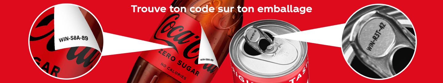 Image Coca‑Cola sur fond rouge avec le texte « Trouve ton code sur ton emballage », montrant une bouteille et une canette de Coca‑Cola, avec des zooms indiquant l’emplacement du code sur l’étiquette de la bouteille et sur la languette de la canette.