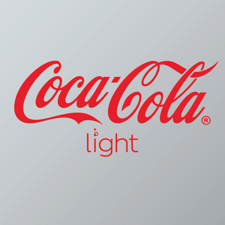 Logo rouge avec le nom "Coca-Cola" en lettres cursives blanches et le mot "light" écrit en petit en rouge sous le logo principal.