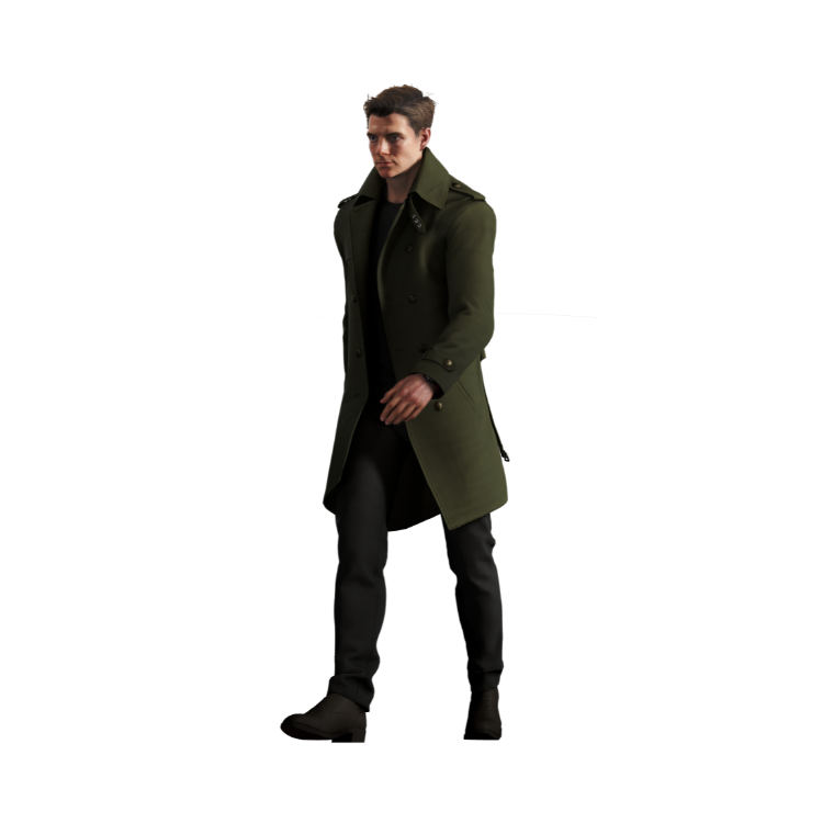 Je ziet een persoon die vooruitloopt en een lange, donkergroene jas draagt over een zwart outfit met zwarte broek en schoenen. De persoon beweegt zich ontspannen voort tegen een effen witte achtergrond.