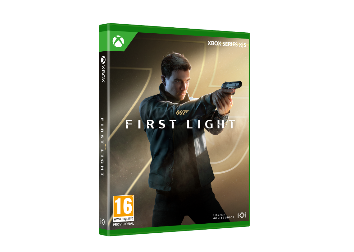 PS5‑spelhoes van 007: First Light met een persoon in donkere kleding die een pistool vasthoudt, de titel prominent op de voorkant en een PEGI‑16 leeftijdsclassificatie.