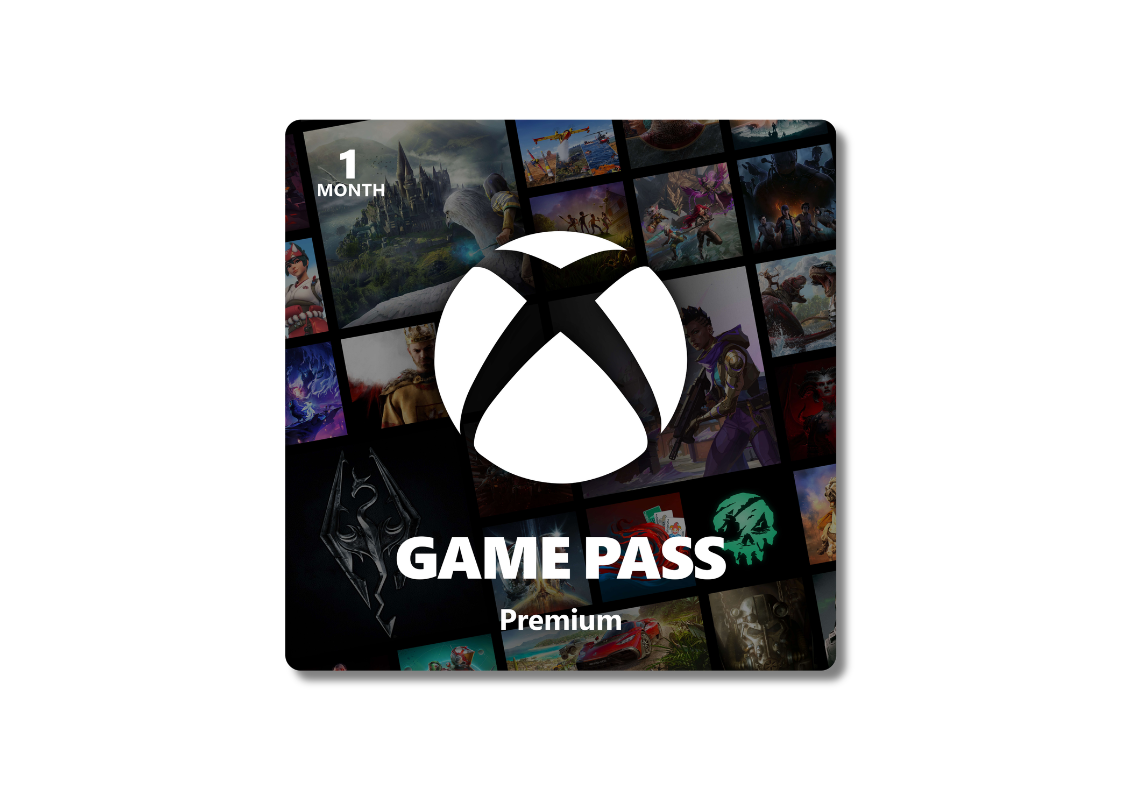 Afbeelding van Xbox Game Pass Premium met het Xbox‑logo centraal en een collage van videogame‑afbeeldingen op de achtergrond, inclusief de tekst “1 month”.