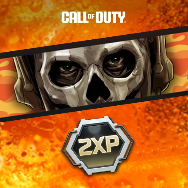 De tekst “Calling Card & 2XP” tegen een Fanta‑oranje vloeibare achtergrond, onder een Call of Duty‑logo.