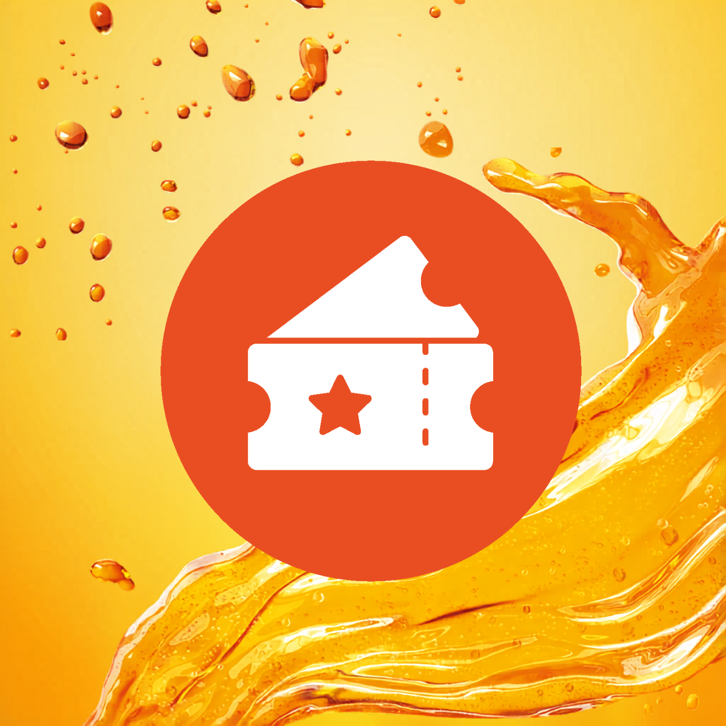 Pictogram van een ticket met een ster in het midden, op een feloranje achtergrond met vloeistofsplashes.