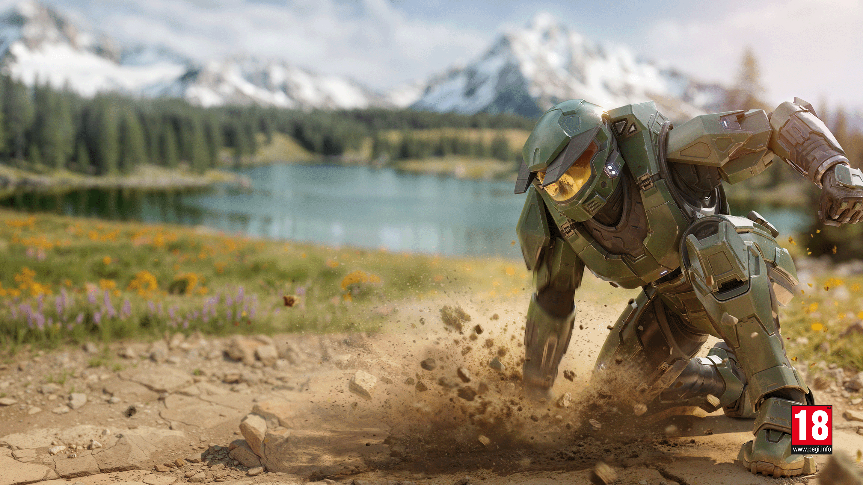 Een gepantserde soldaat landt met een klap voor een landschap met een meer en bergen.