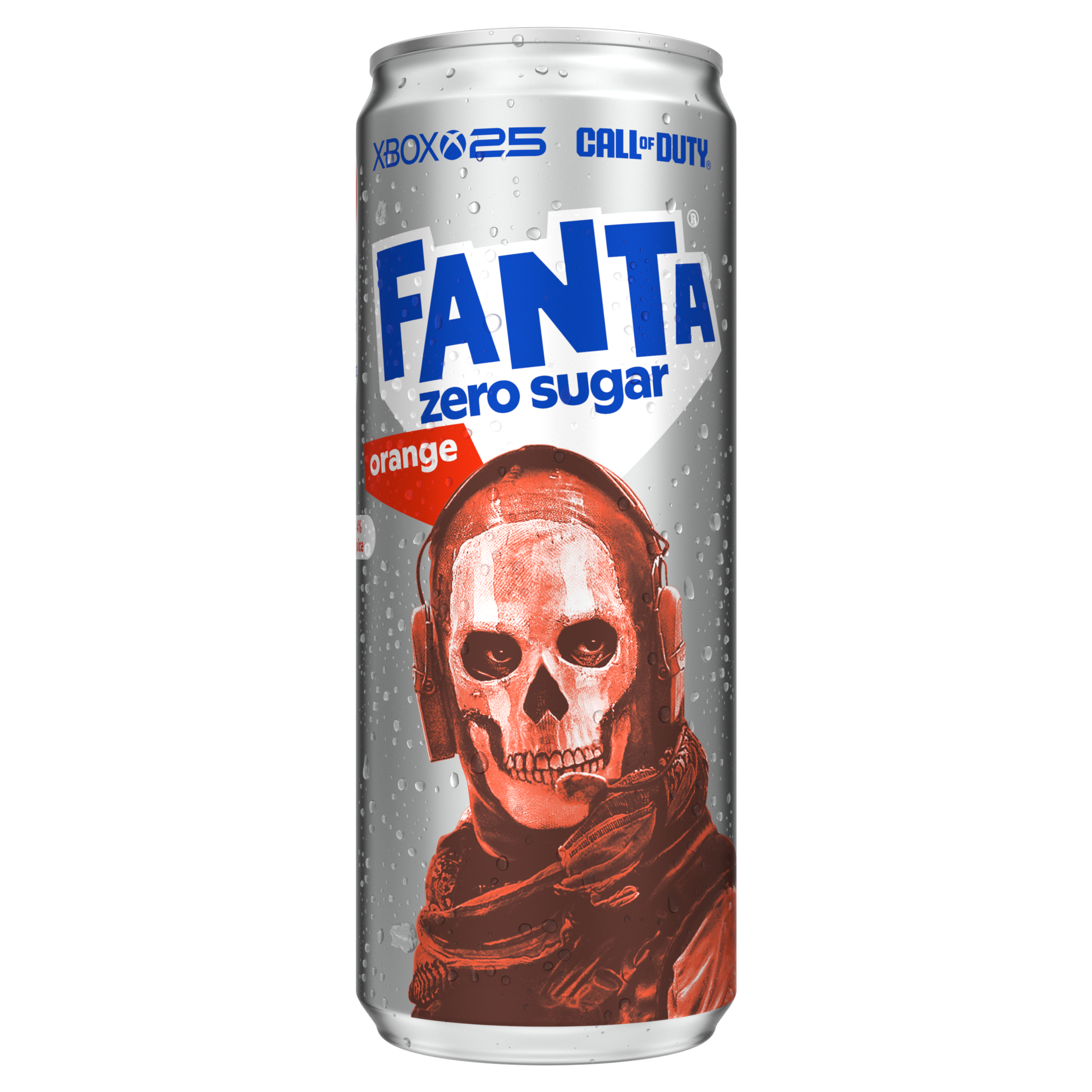 Afbeelding van een fel oranje blikje Fanta Orange Zero Sugar, met een illustratie van een sinaasappelschijf. De merknaam staat in grote witte en blauwe letters, en “zero sugar” is in het blauw vermeld.