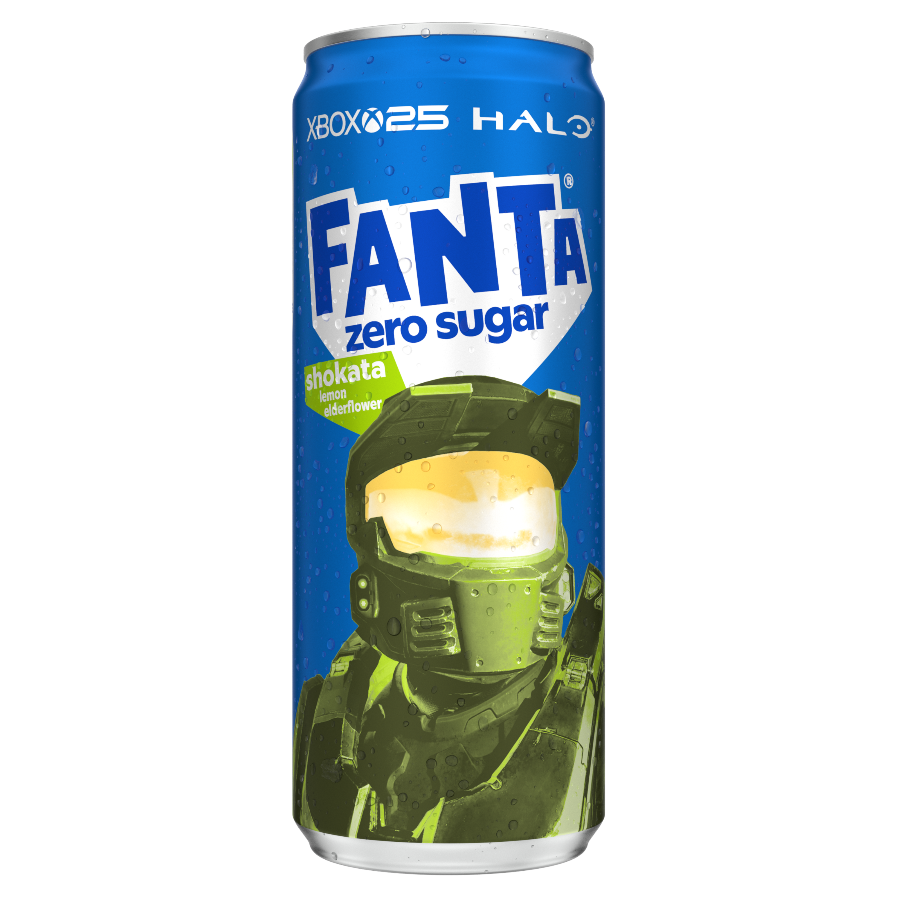 Afbeelding van een felblauw blikje Fanta Zero Sugar Shokata, met illustraties van een citroenschijf en vlierbloesem, omgeven door gele en groene spetters. De merknaam Fanta staat groot in witte en blauwe letters, met “zero sugar” in blauw aangegeven. Het blikje is bedekt met kleine waterdruppels.