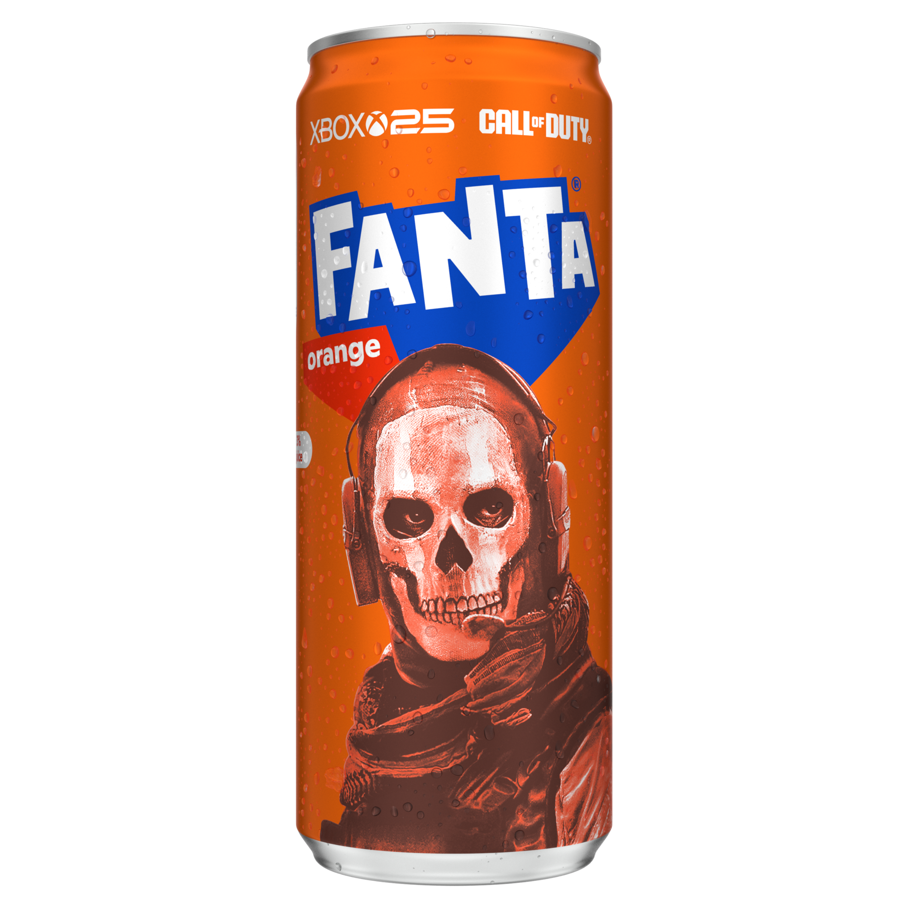 Afbeelding van een oranje blikje Fanta met een afbeelding van een sinaasappelschijf en opschrift "Orange". Het blikje heeft een fel oranje achtergrond en wit-blauwe merknaam.