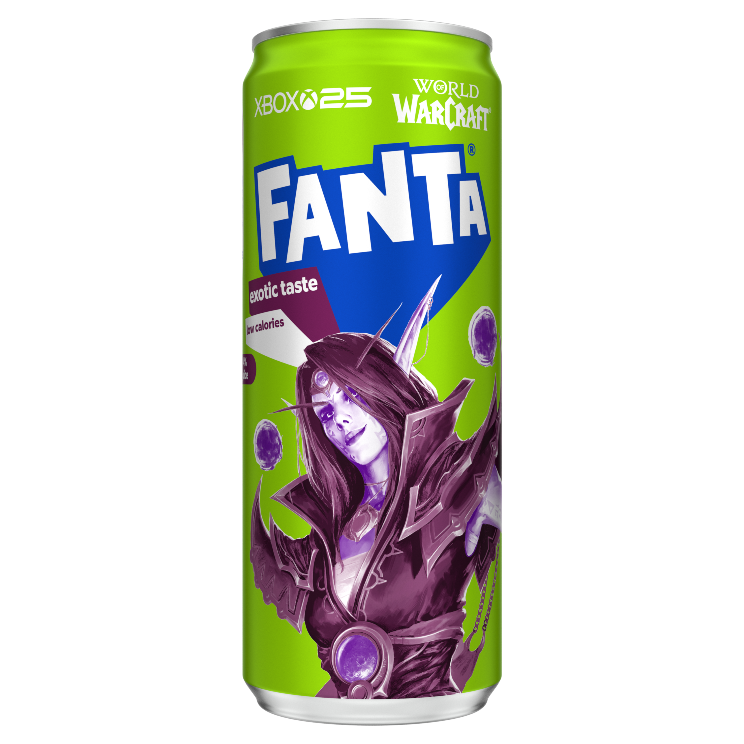 Afbeelding van een felgroen blikje Fanta Exotic Taste, met illustraties van een sinaasappelschijf en een stukje tropisch fruit in paarse siroop. Op het blikje staat in witte letters “exotic taste” en vermeldingen zoals “1% juice” en “new taste”. De merknaam Fanta staat groot in witte en blauwe letters.