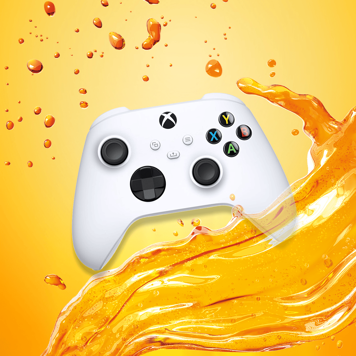 Witte gamecontroller die lijkt te zweven en wordt bespat door een golf van sprankelende oranje drank tegen een felgele achtergrond.