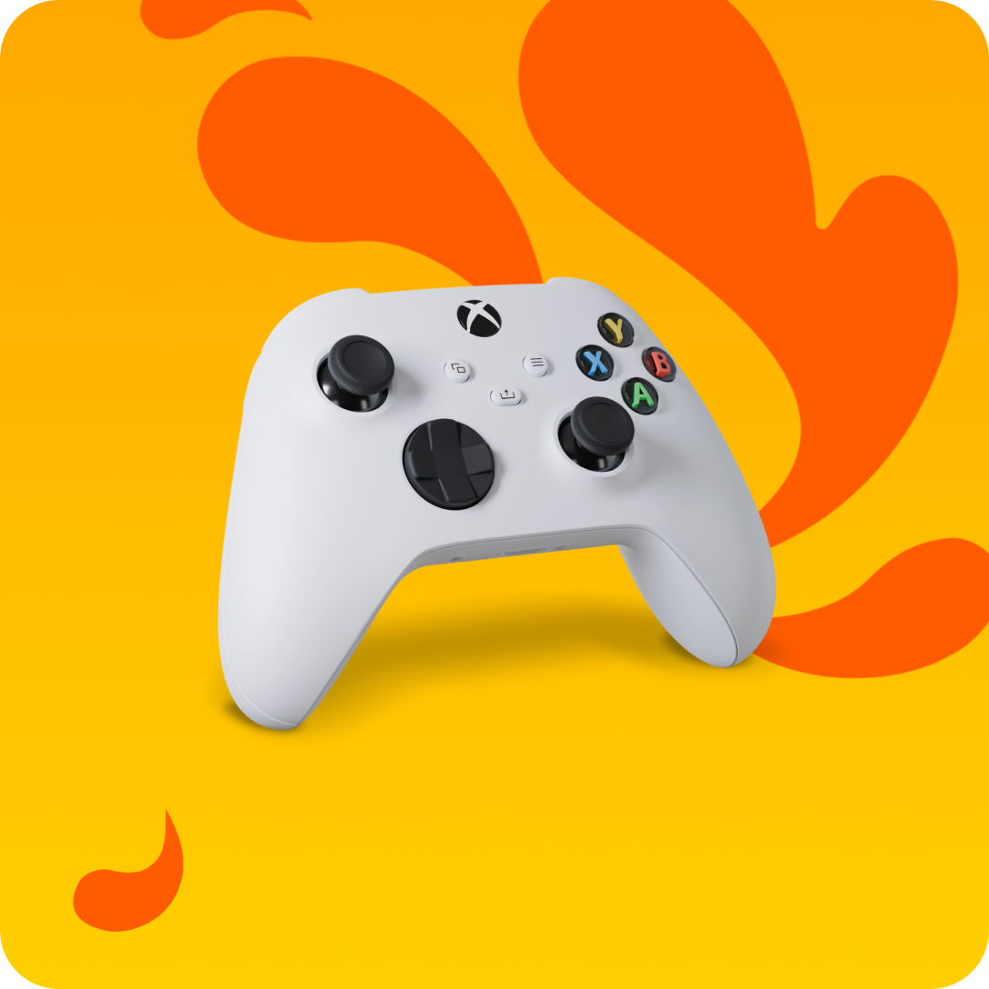 Witte Xbox‑controller met gekleurde knoppen, afgebeeld tegen een gele achtergrond met oranje, speelse vormen.