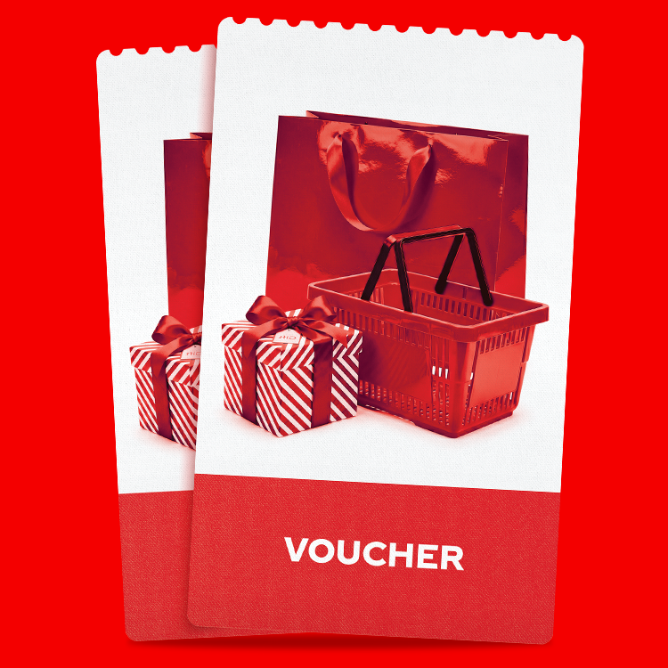 Twee overlappende rode waardebonnen met een afbeelding van cadeaus, een winkelmandje en een rode shoppingtas. Onderaan staat in witte letters het woord ‘VOUCHER’ op een rode achtergrond.