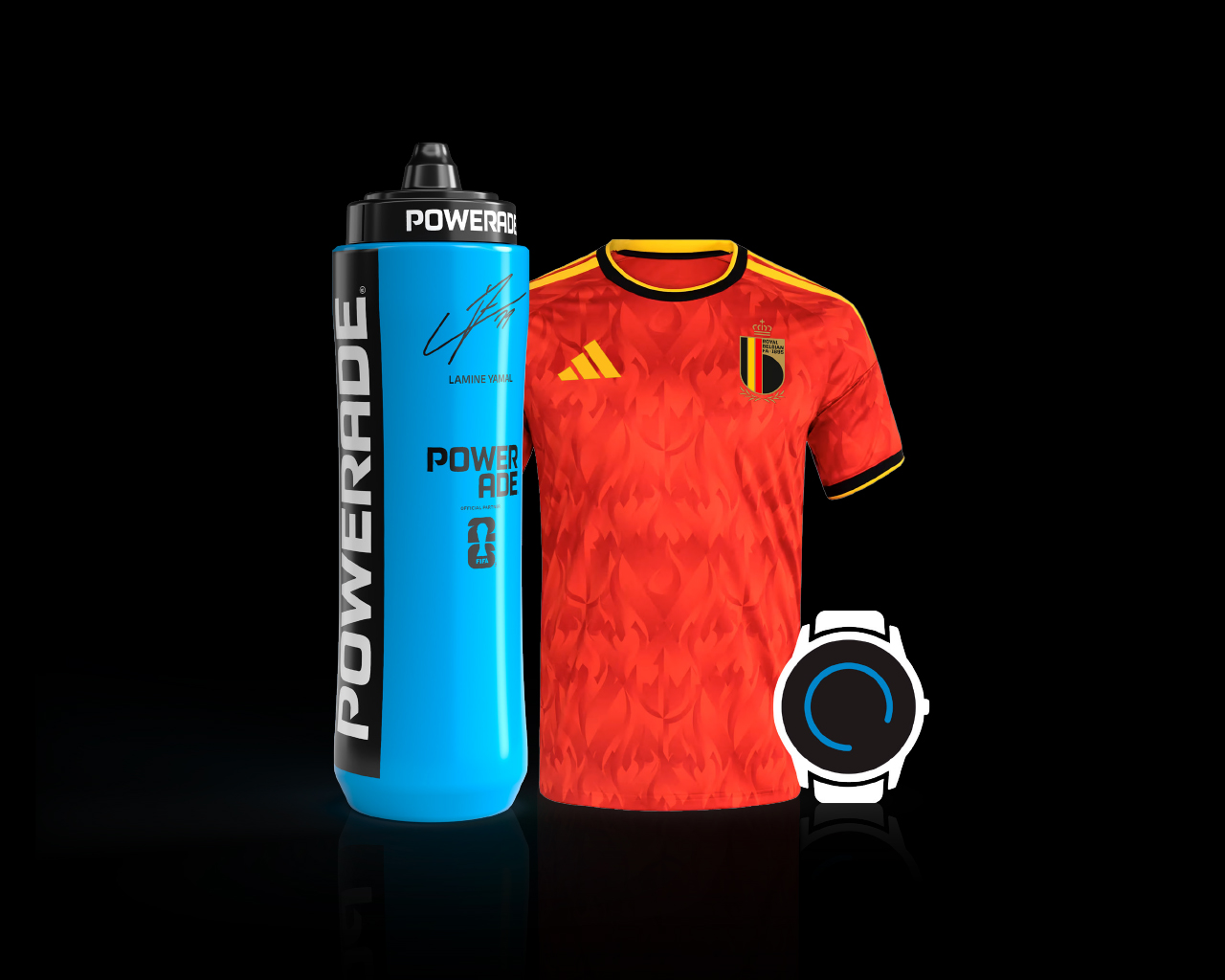 Powerade‑drinkfles, Belgisch voetbalshirt en smartwatch op zwarte achtergrond.