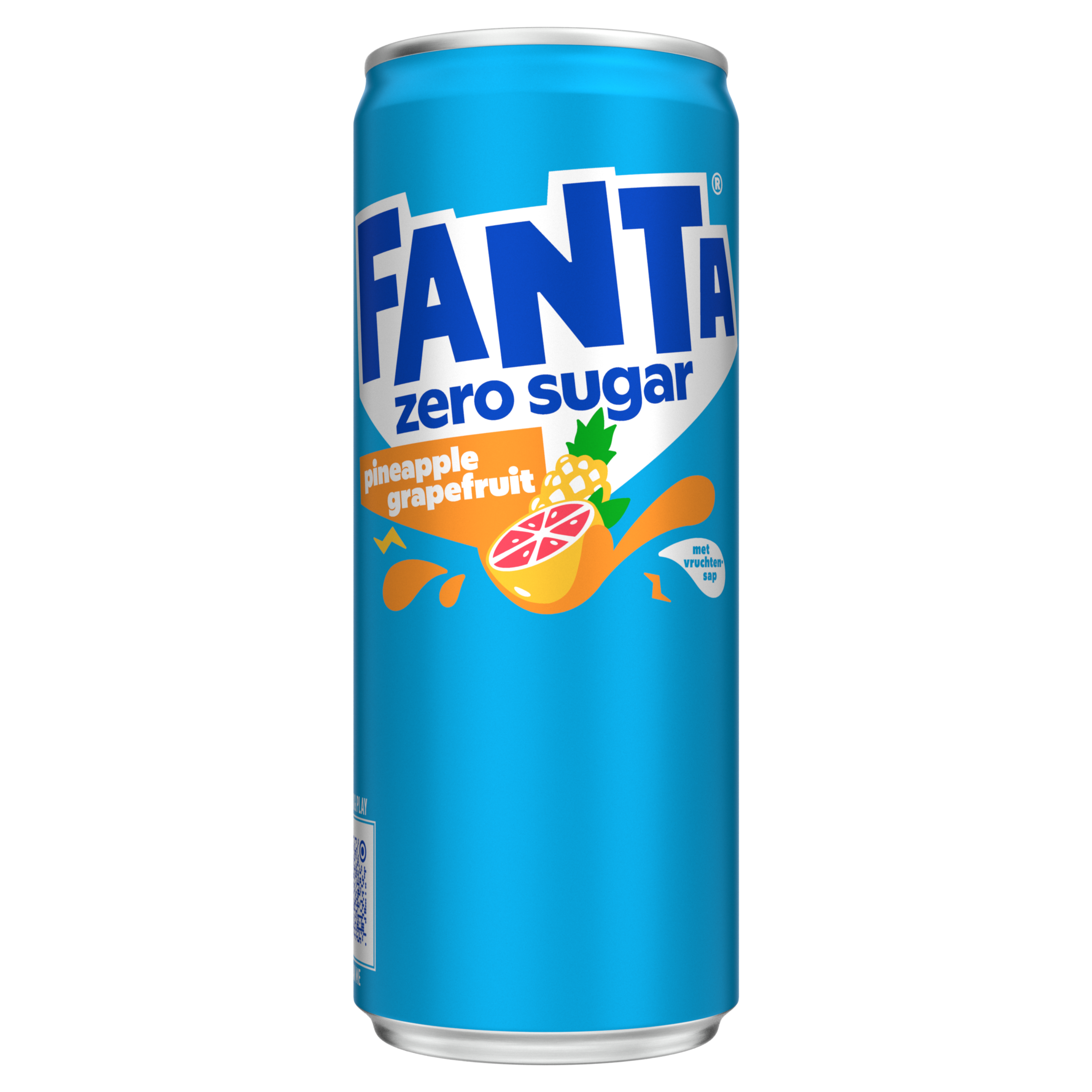 Image d’une canette bleu vif de Fanta Zero Sugar Ananas Pamplemousse, avec des illustrations d’un morceau d’ananas et d’un demi-pamplemousse, entourés de éclaboussures orange. Le nom Fanta apparaît en grandes lettres blanches et bleues, avec la mention “zero sugar” en bleu.