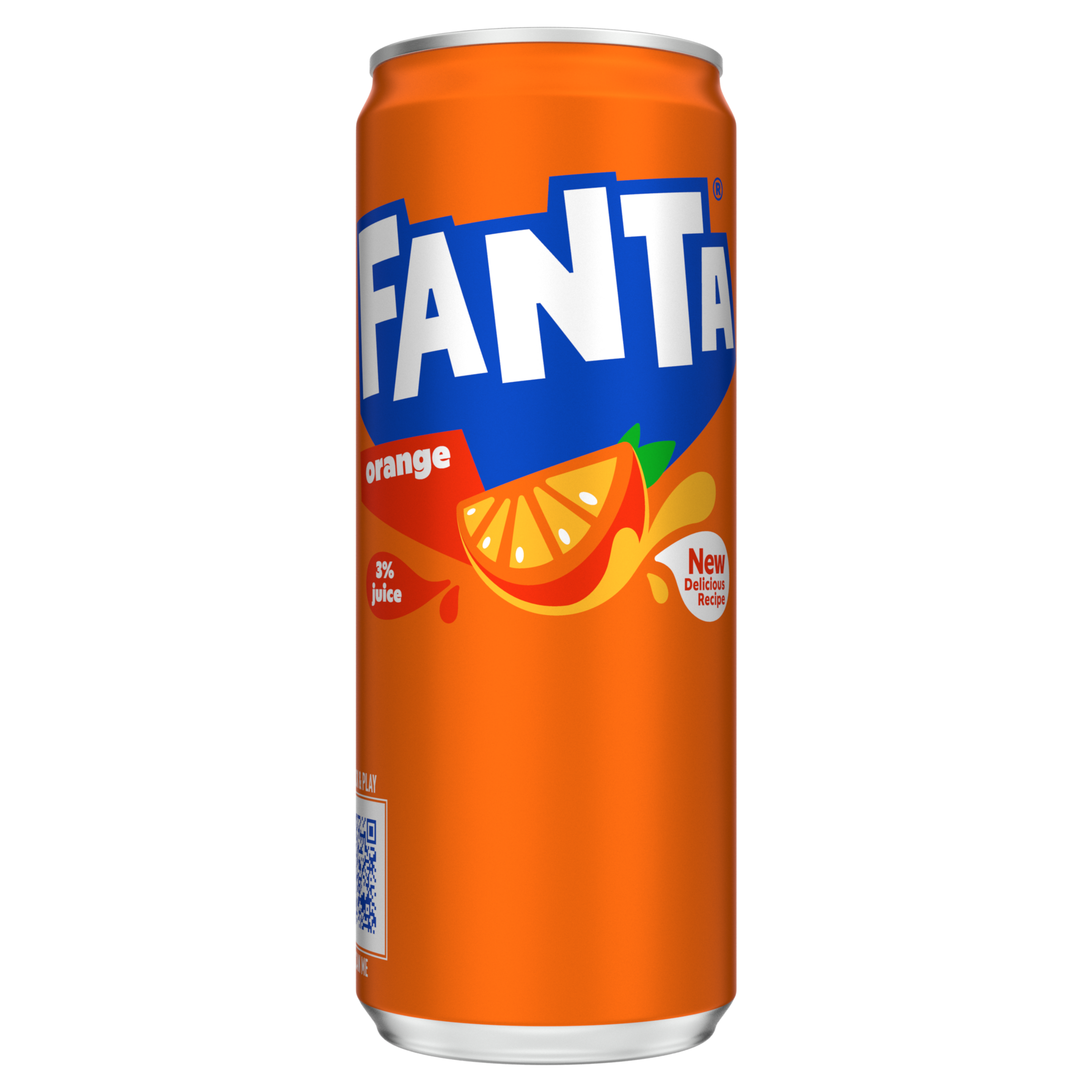 Image d’une canette orange de Fanta avec une illustration d’un quartier d’orange et l’inscription "Orange". La canette a un fond orange vif et le nom de la marque apparaît en blanc et bleu.