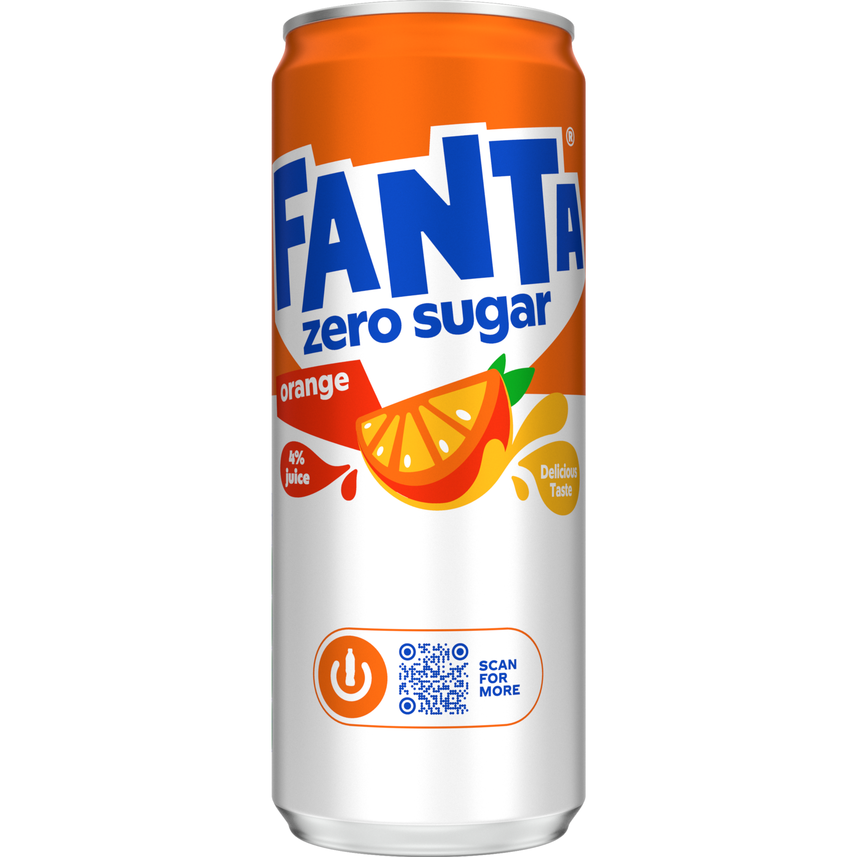 Image d’une canette orange vif de Fanta Orange Zero Sugar, avec une illustration d’un quartier d’orange. Le nom de la marque apparaît en grandes lettres blanches et bleues, et “zero sugar” est indiqué en bleu.
