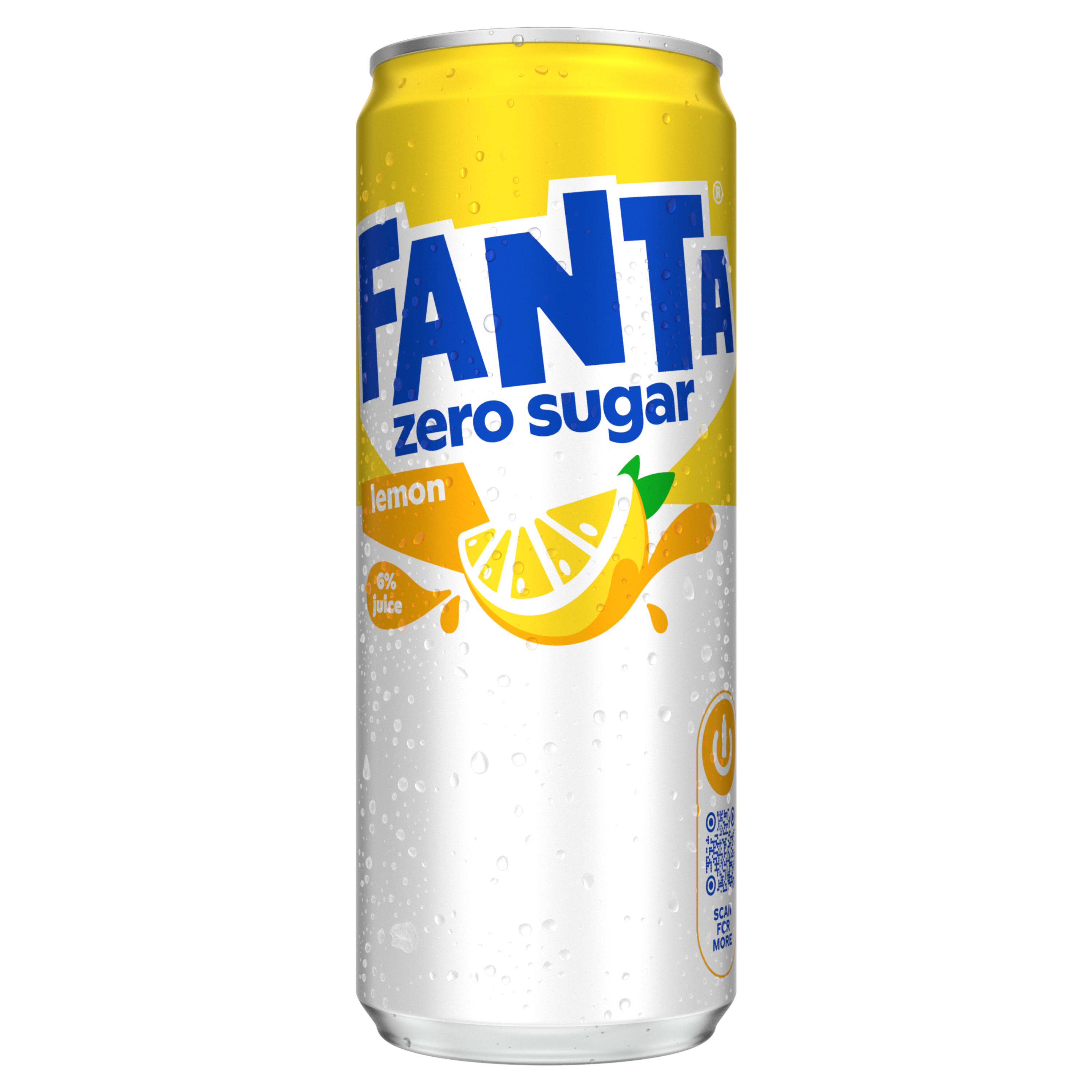 Image d’une canette jaune vif de Fanta Lemon Zero Sugar, avec une illustration d’une tranche de citron. Le nom de la marque apparaît en grandes lettres blanches et bleues, et “zero sugar” est indiqué en bleu.