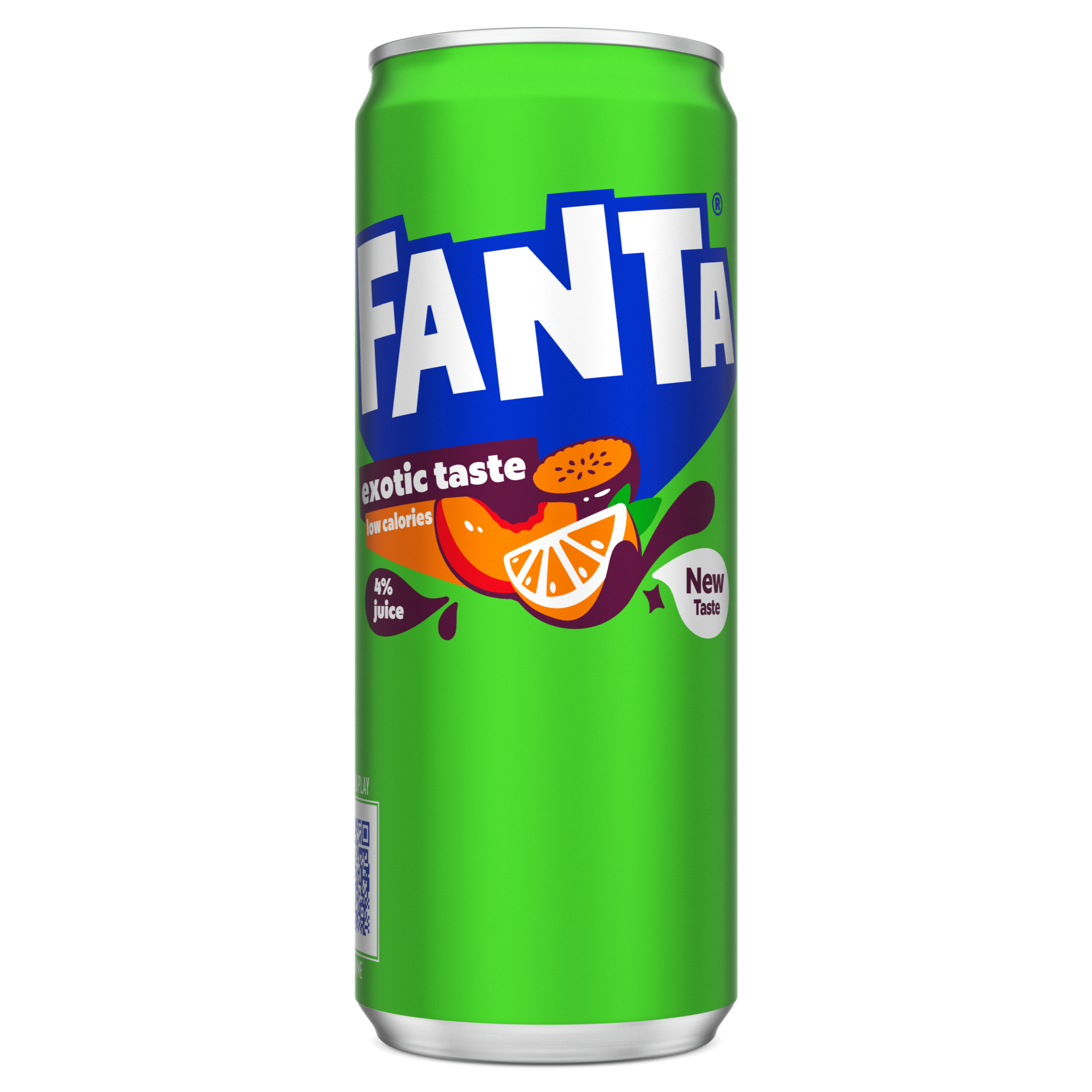 Image d’une canette vert vif de Fanta Exotic Taste, avec des illustrations d’un quartier d’orange et d’un morceau de fruit tropical dans un sirop violet. Sur la canette, on peut lire en blanc “exotic taste” ainsi que “1% juice” et “new taste”. Le nom Fanta apparaît en grandes lettres blanches et bleues.
