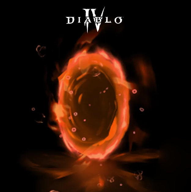 A glowing orange portal against a black background, under a Diablo IV logo