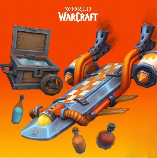 The Fantastical Goblin Waveshredder skateboard attachment, a Dyeable Bottle, and a Sturdy Portable Ice Chest against an orange background and under a World of Warcraft logo