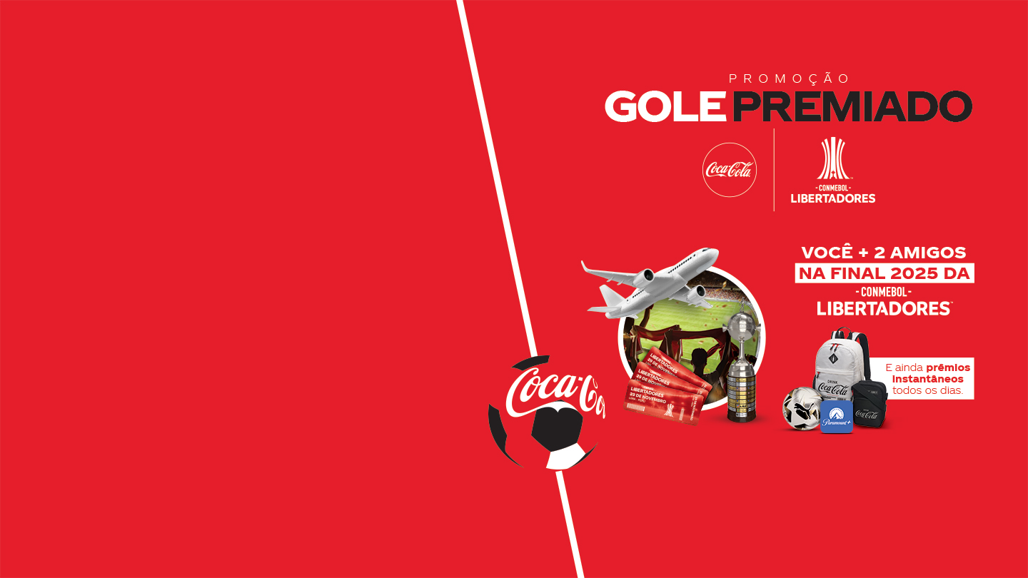 Banner promocional da Coca-Cola em um fundo vermelho intenso, anunciando a 'Promoção Gole Premiado'.