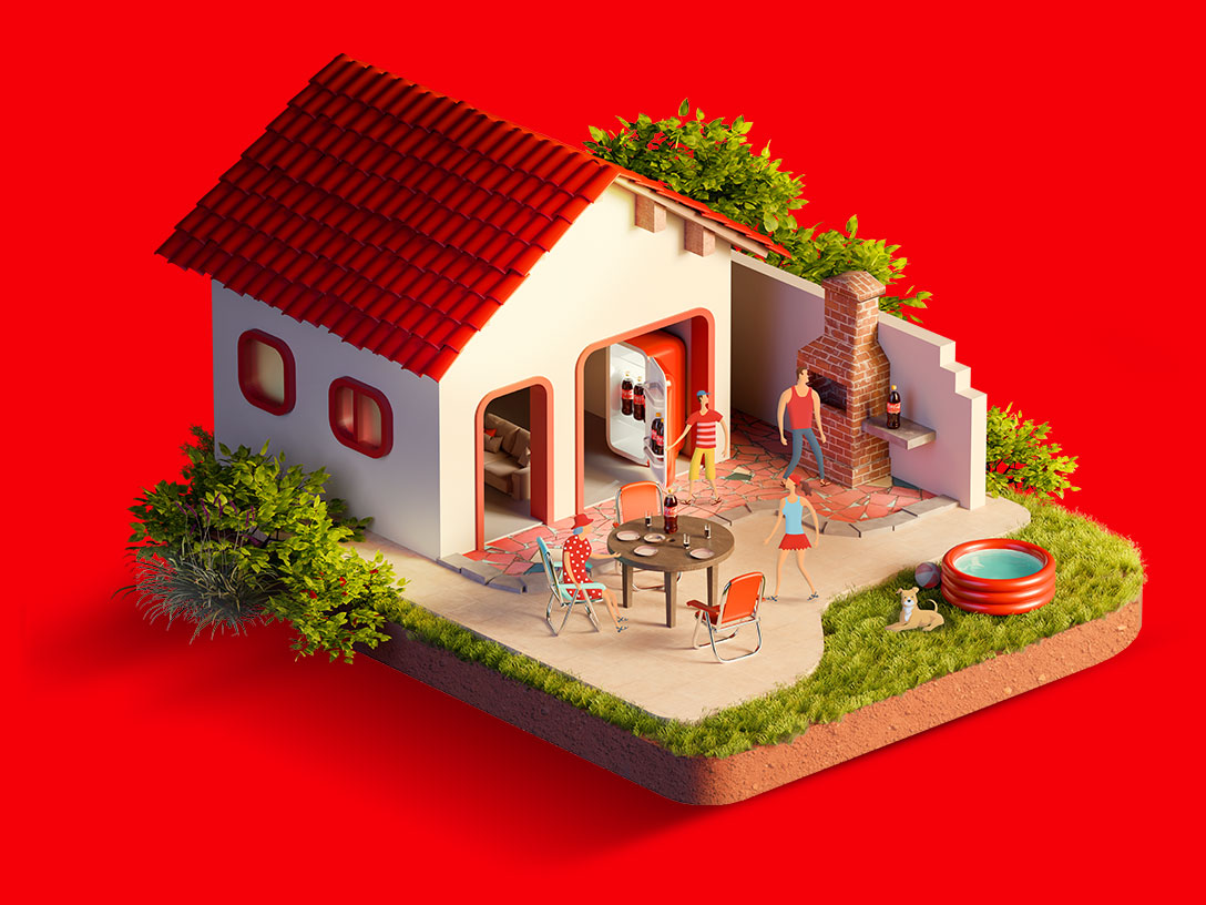 Uma ilustração isométrica de uma casa em miniatura com telhado vermelho, jardim, churrasqueira e piscina. Há pequenas figuras de pessoas e um cachorro no jardim. O fundo é vermelho sólido.