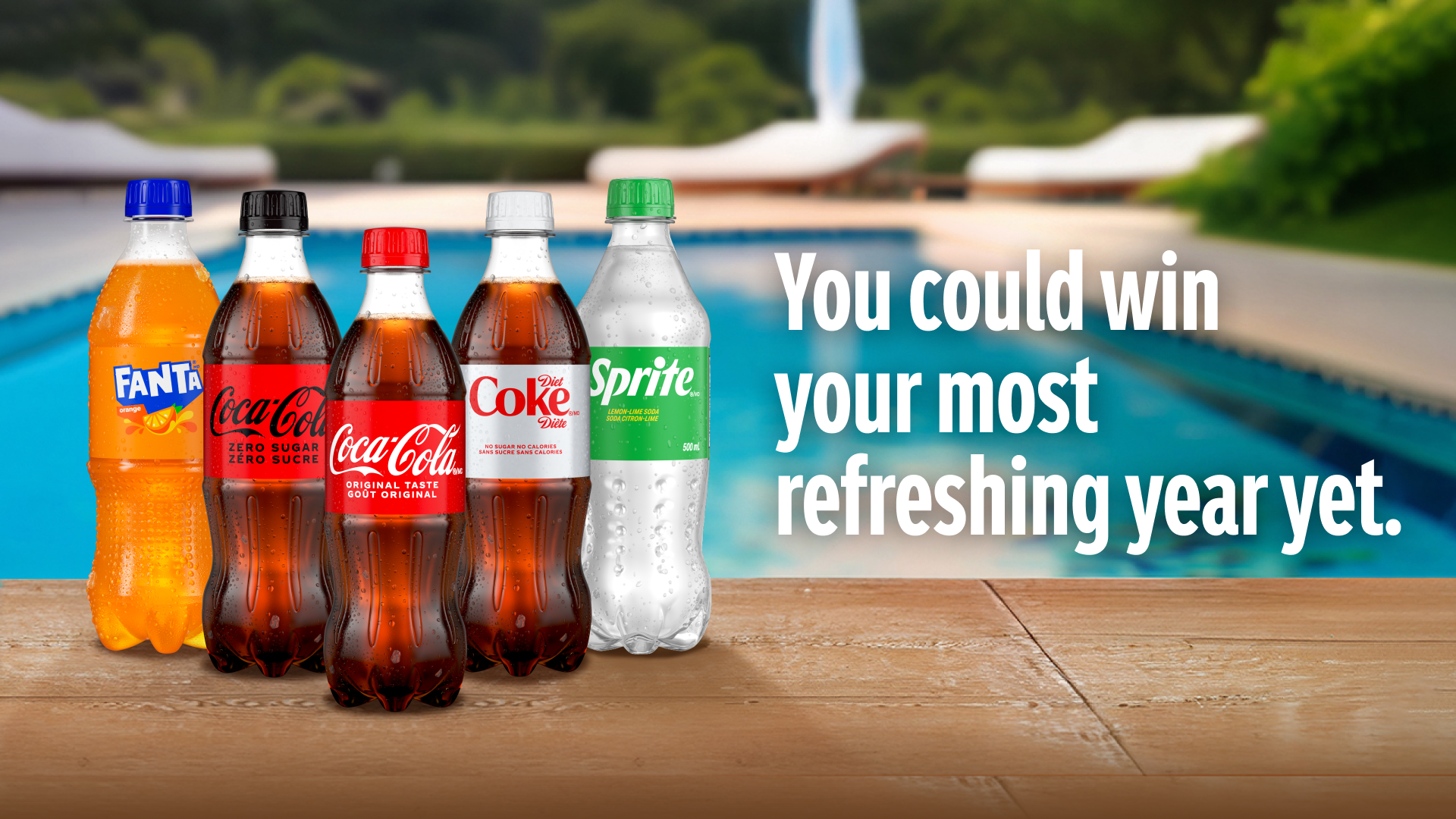 Fanta, Coca-Cola, Diet Coke and Sprite bottles by a pool with the line You could win your most refreshing year yet.