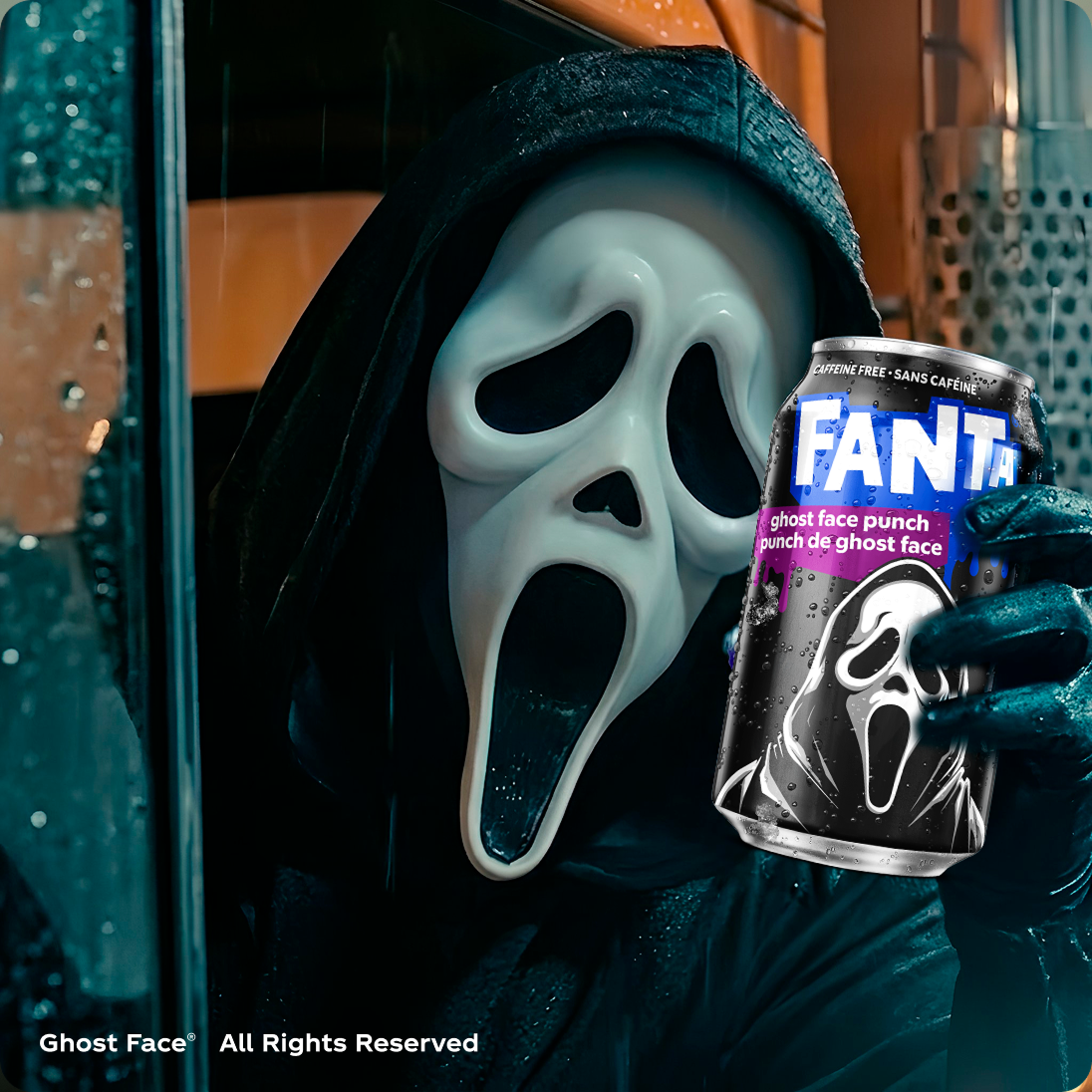 Ghost Face character lurking holding a Ghost Face Fanta can