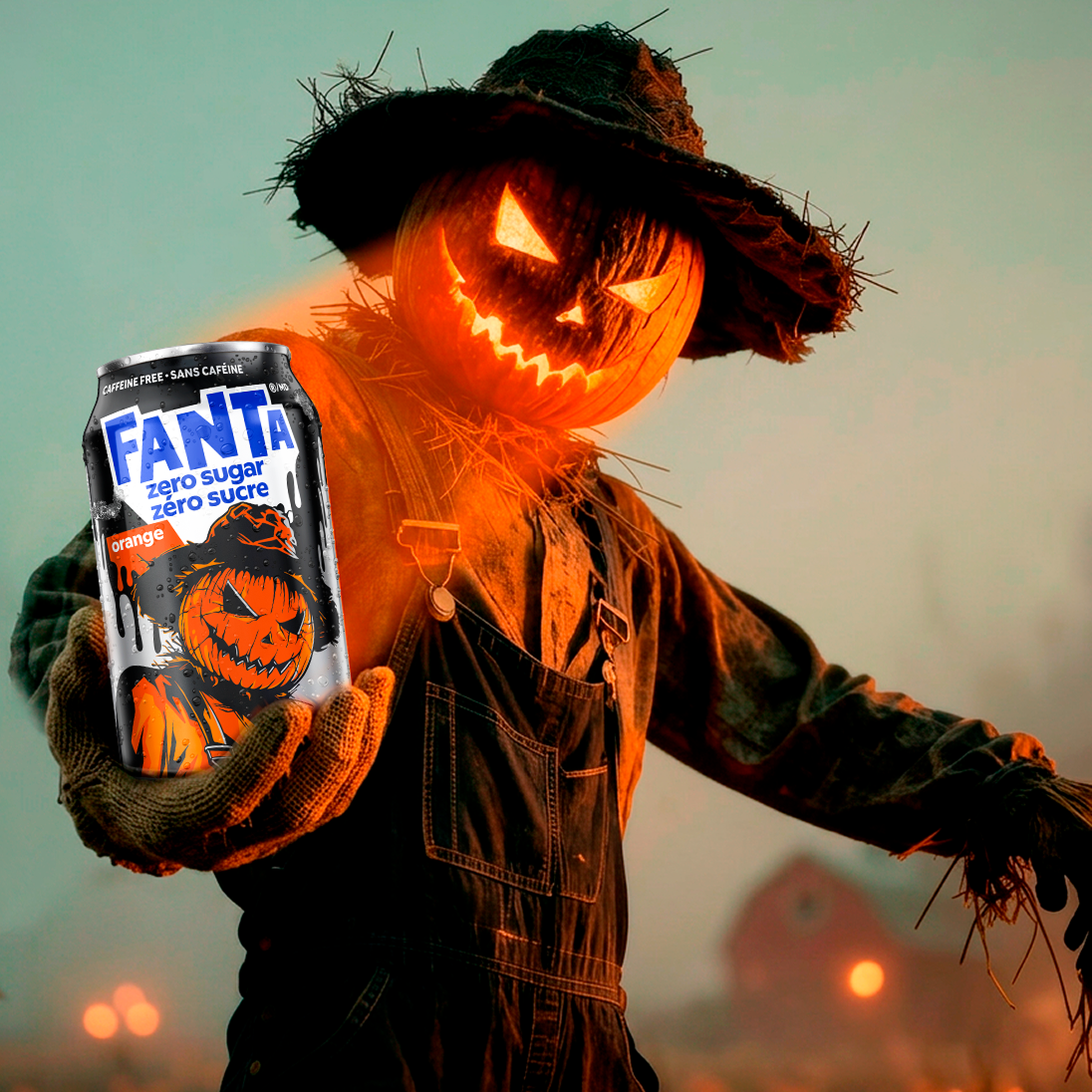 The Haystacks character holding a Haystacks Fanta can in a haunted farm setting.