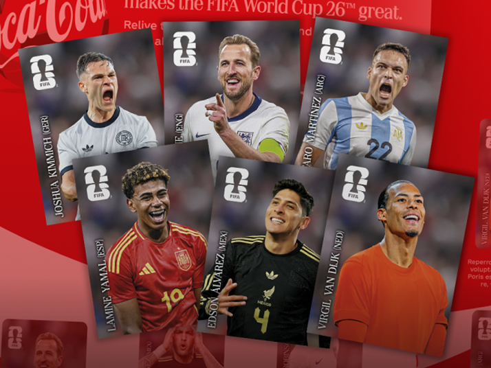 Fan-style FIFA collectible player cards fanned out on a red Coca-Cola backdrop, promoting Panini sticker digital hub