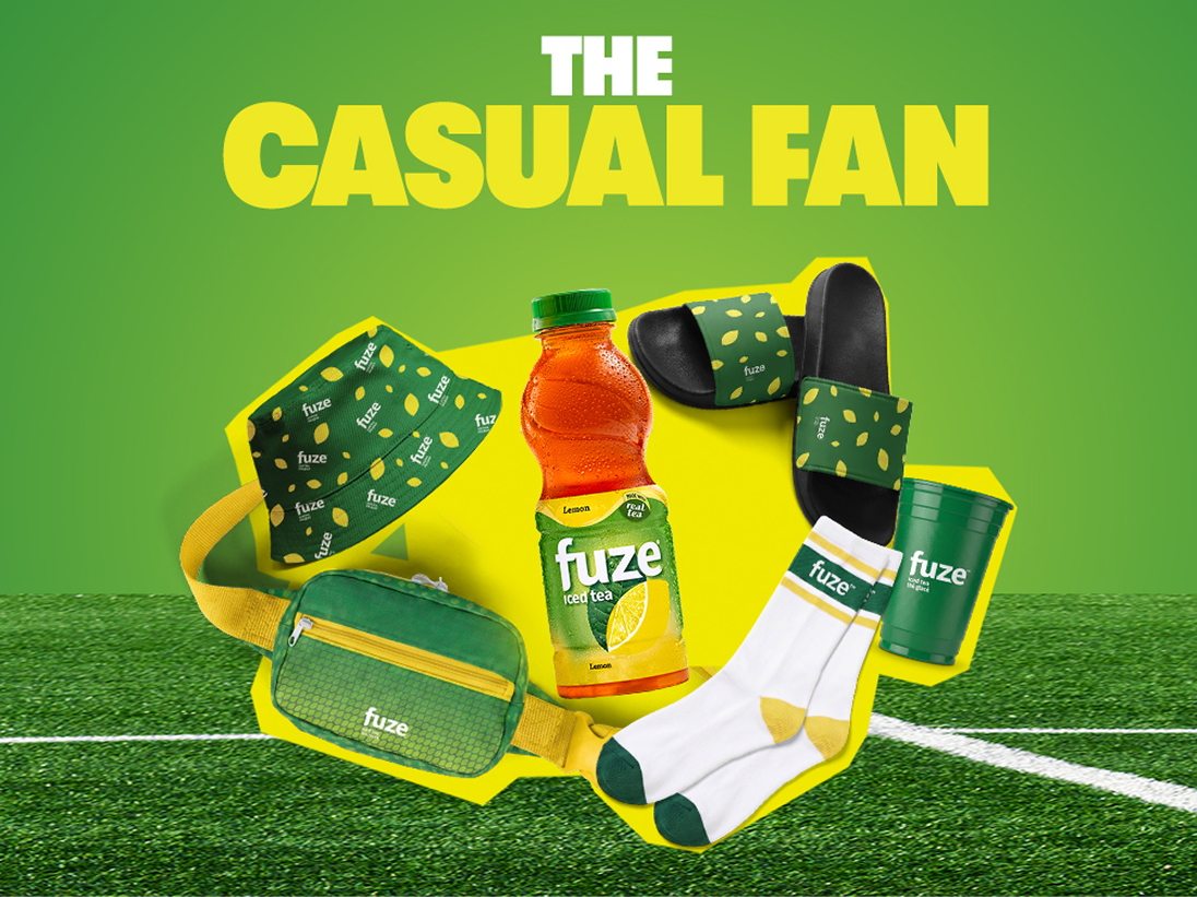 The Casual Fan Week 1 tile featuring Fuze iced tea prize kit of hat, belt bag, slides, socks and cup on turf