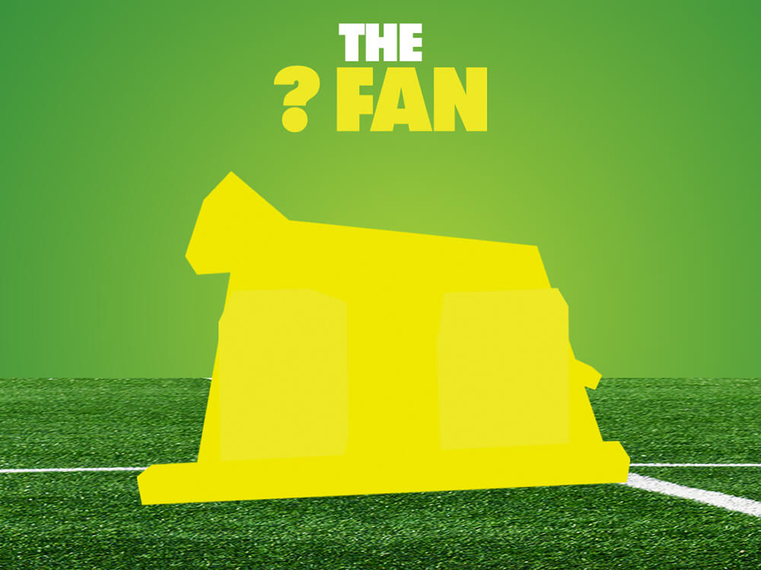 Fuzeballer Week 3 casual fan teaser showing large yellow mystery fan silhouette on green soccer pitch with THE ? FAN headline.