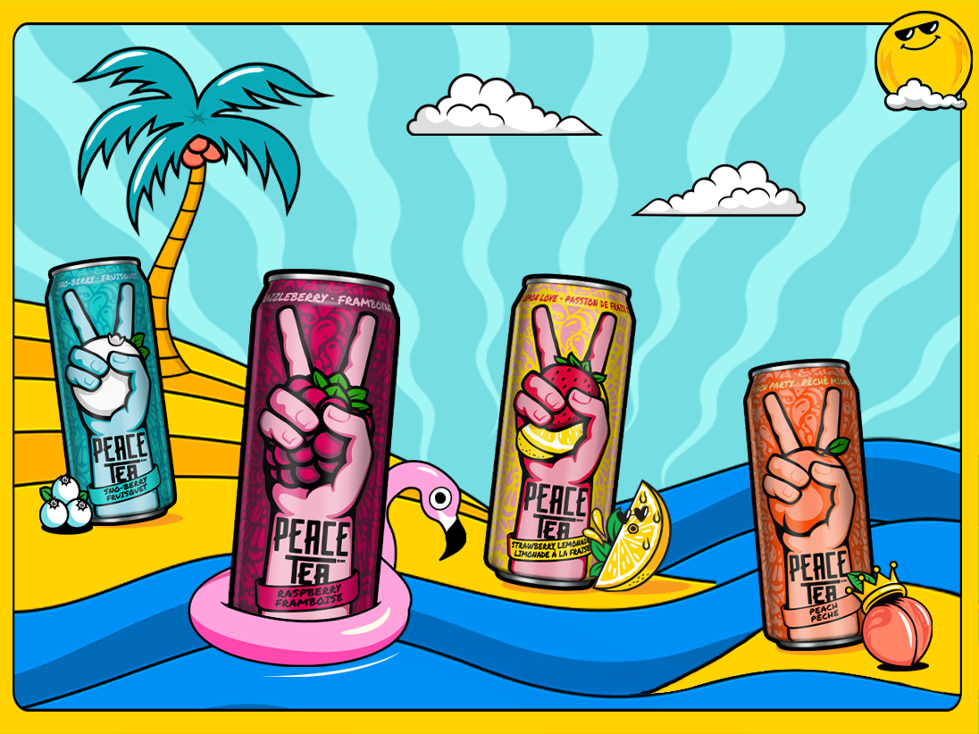 Four colorful cans of Peace Tea in various flavors on an illustrated beach with a palm tree and pink flamingo floaty.