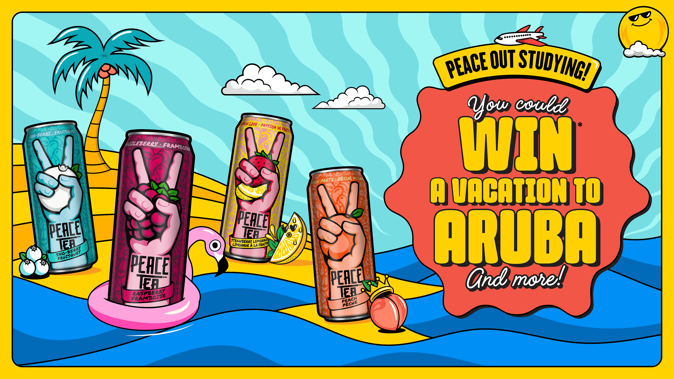 Promo banner for the Peace Tea 'Peace Out Studying' contest to win a vacation to Aruba over an illustrated beach scene.