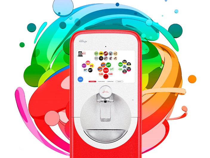 A red and white Coca-Cola Freestyle touchscreen dispenser displaying multiple drink flavour icons, set against a colourful swirl background.
