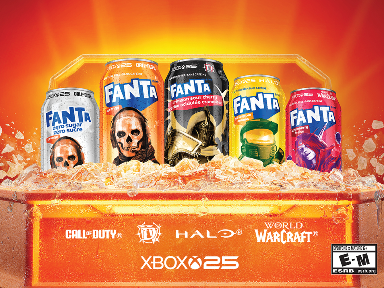 Fanta cans with Xbox gaming artwork packed in an ice-filled orange crate against a bright orange background.