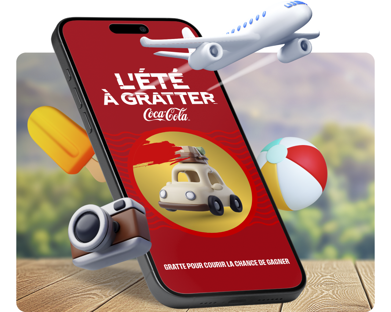Un téléphone intelligent affichant le jeu L'été à gratter, entouré d'icônes 3D de prix d'été comme un appareil photo et une voiture.