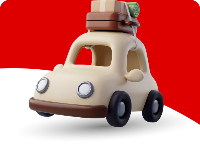 Une voiture de dessin animé avec des bagages sur le toit représentant le lot du concours Voyage en voiture de Coca-Cola.