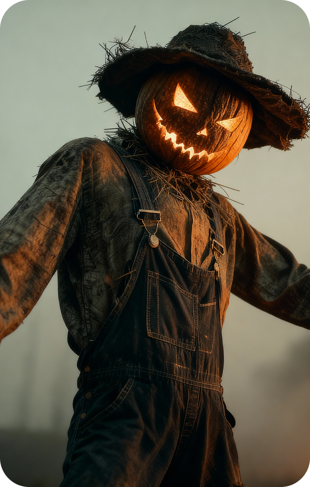 Un épouvantail effrayant avec une tête de citrouille illuminée et des salopettes pour Fanta Halloween.