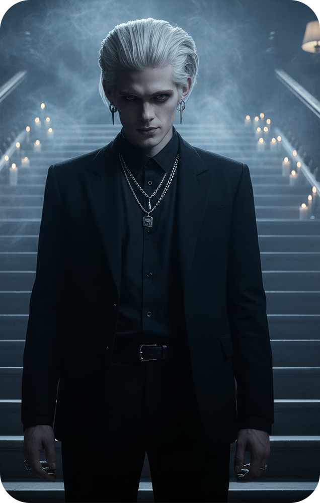 Un vampire élégant vêtu d'un costume noir se tient sur des escaliers éclairés à la bougie pour Fanta Halloween.