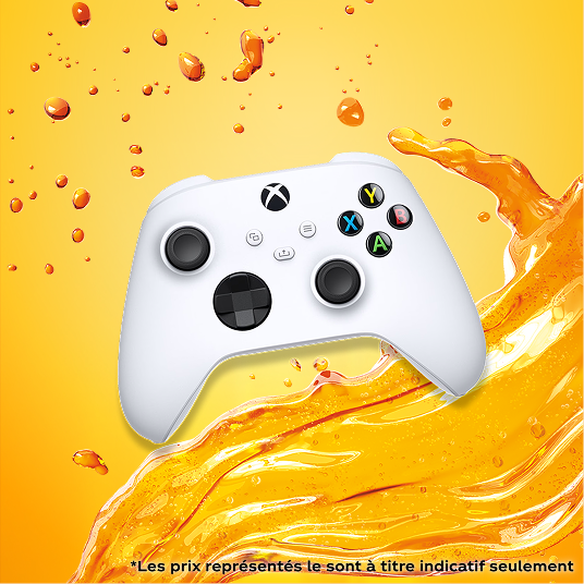 Une manette Xbox sans fil sur un fond liquide orange Fanta.