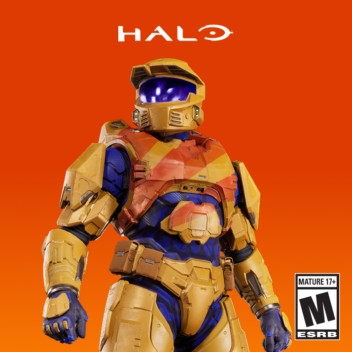 Le Master Chief portant une armure orange Fanta sous un logo de Halo sur fond orange