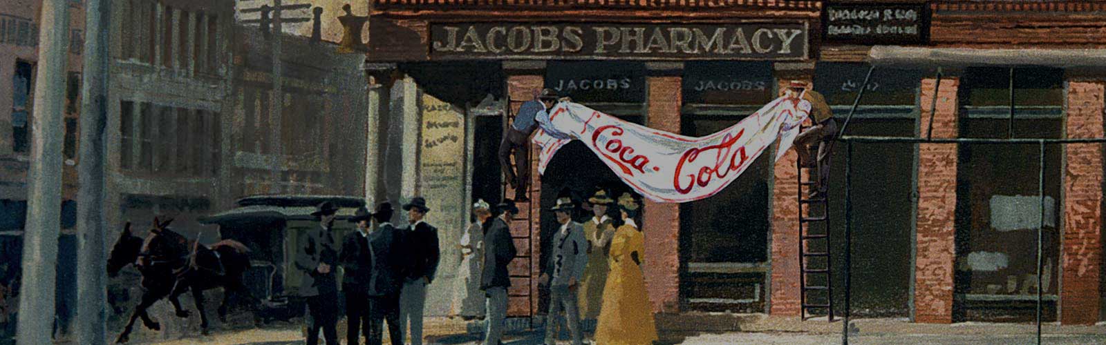 Une peinture de la pharmacie Jacobs avec une bannière Coca-Cola.