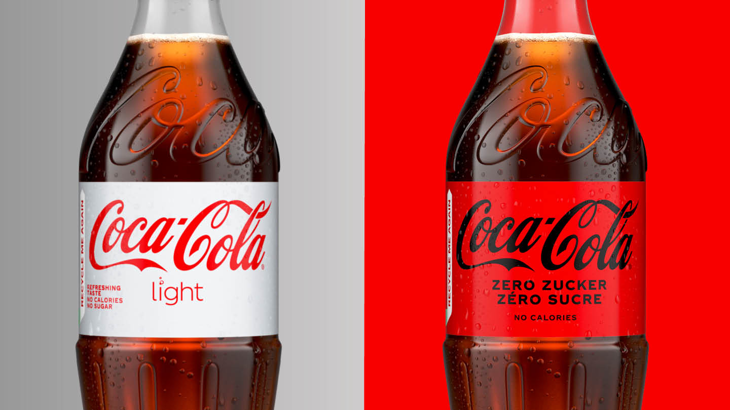 Coca-Cola light Flasche und Coca-Cola Zero Zucker Flasche