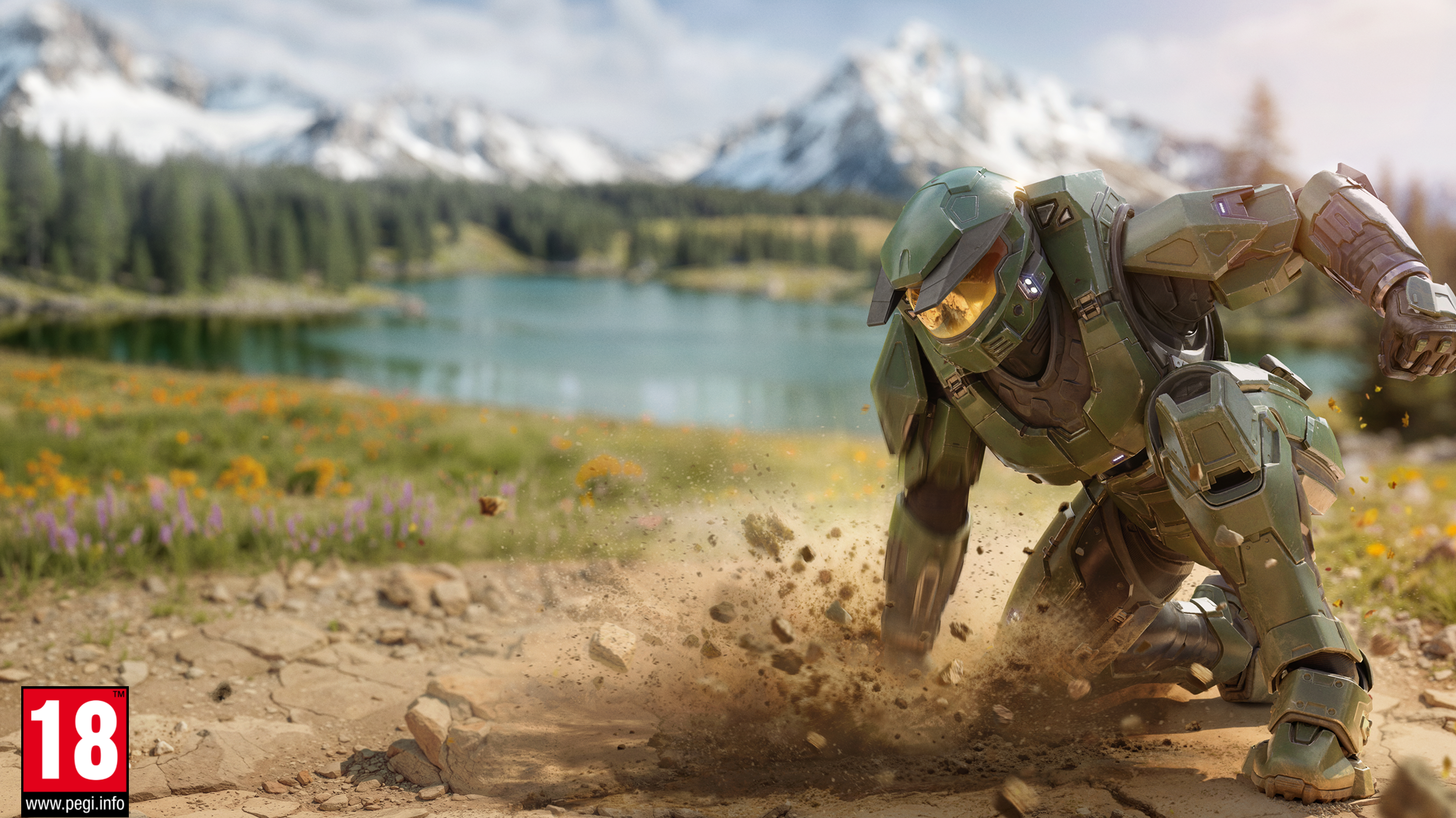 An armored soldier lands with a crash in front of a lake and mountain landscape.