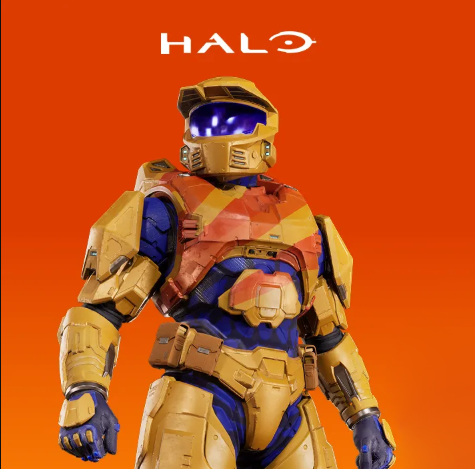Master Chief wearing a Fanta orange suit of armor under a Halo logo against an orange background.
