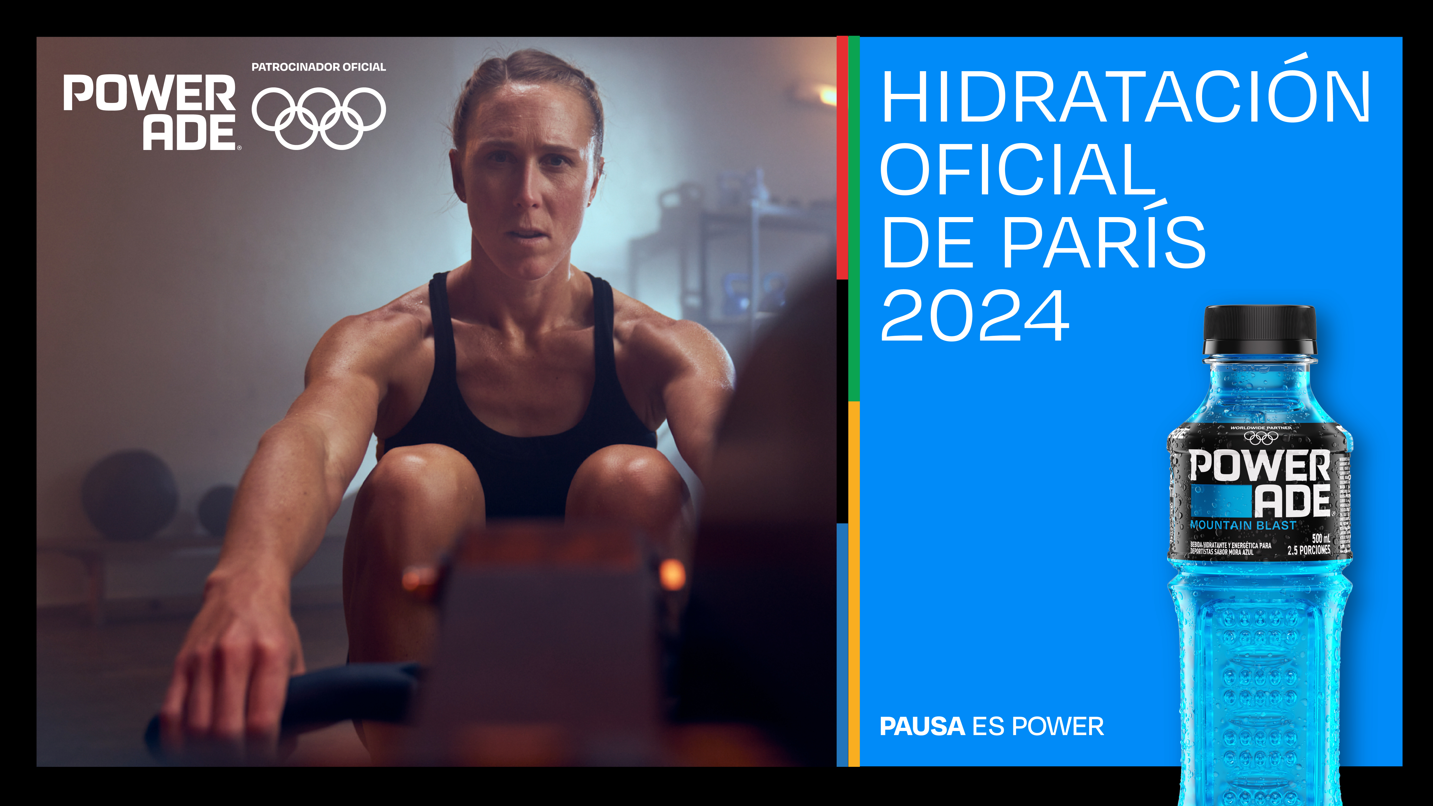  Logotipo de Powerade con una atleta entrenando de fondo, acompañado del texto 'Hidratación Oficial de París 2024' y los anillos olímpicos, indicando patrocinio oficial​